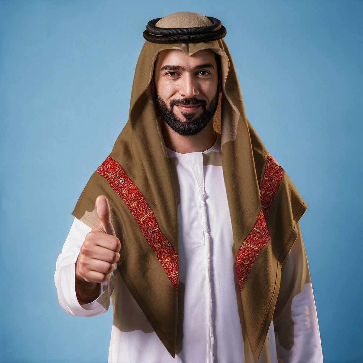 Man wearing the Tamr Kashmiri pashmina ghutra in date brown with a black agal and white thobe, red, yellow and green sozni border on each front end