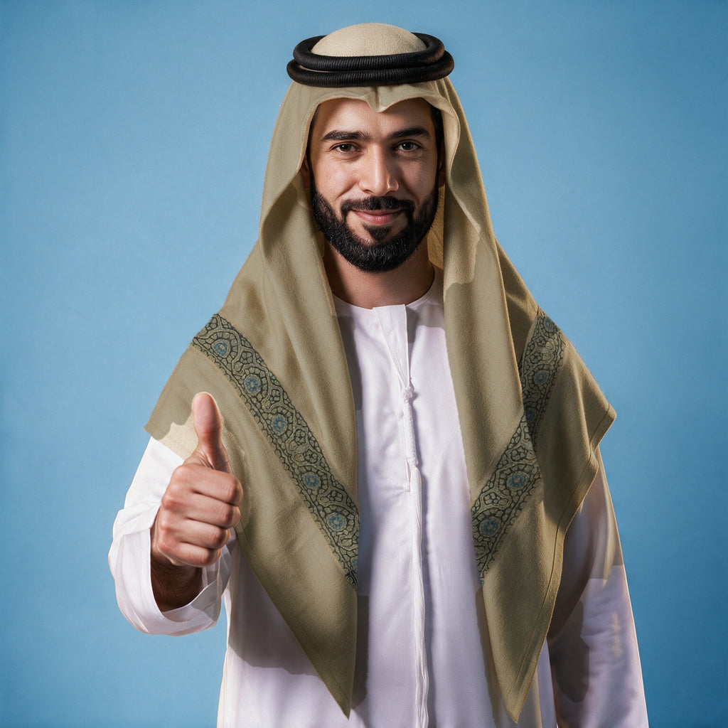 Man wearing the Sarw Kashmiri pashmina ghutra in khaki olive with a black agal and white thobe, slate navy and sky blue sozni border on each front end