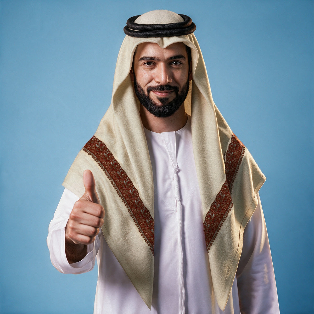 Man wearing the Hinna Kashmiri pashmina ghutra with a black agal and white thobe, deep henna maroon sozni border on each front end
