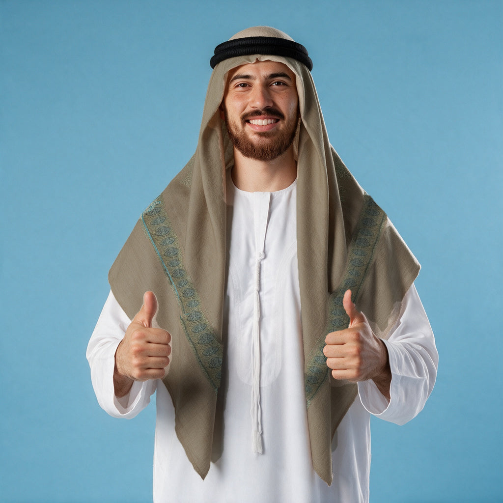 Man wearing the Zabarjad Kashmiri pashmina ghutra in taupe with a black agal and white thobe, aqua turquoise sozni border on each front end