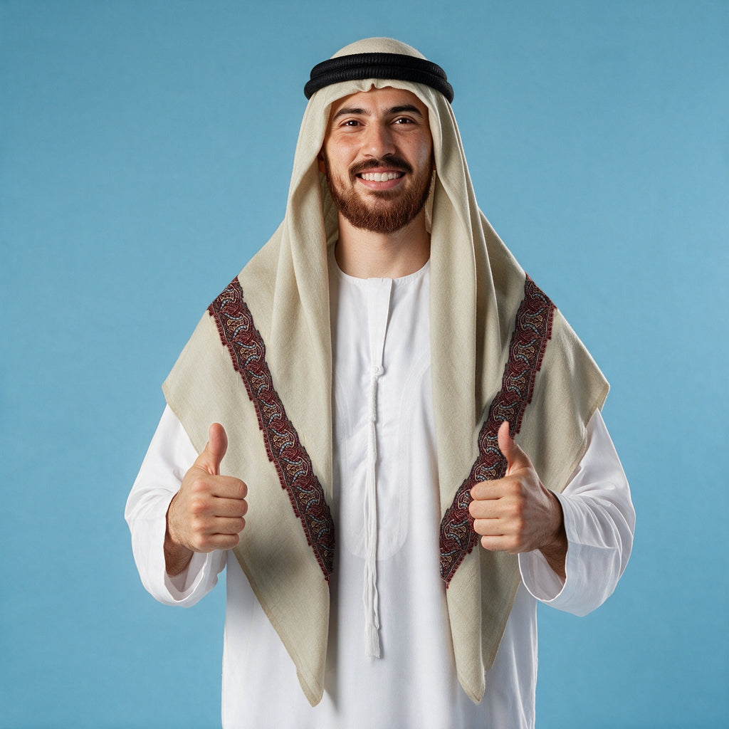 Man wearing the Jawhar Kashmiri pashmina ghutra with a black agal and white thobe, maroon, slate blue and gold sozni border on each front end