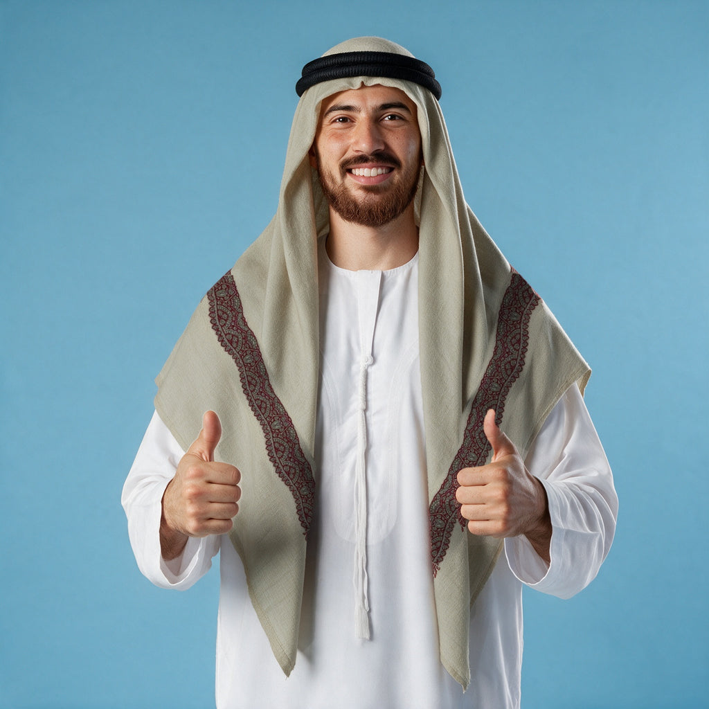 Man wearing the Arjuwan Kashmiri pashmina ghutra with a black agal and white thobe, deep wine maroon and grey sozni border on each front end