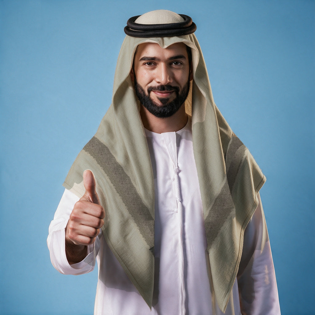 Man wearing the Fahm Kashmiri pashmina ghutra with a black agal and white thobe, charcoal grey sozni border on each front end