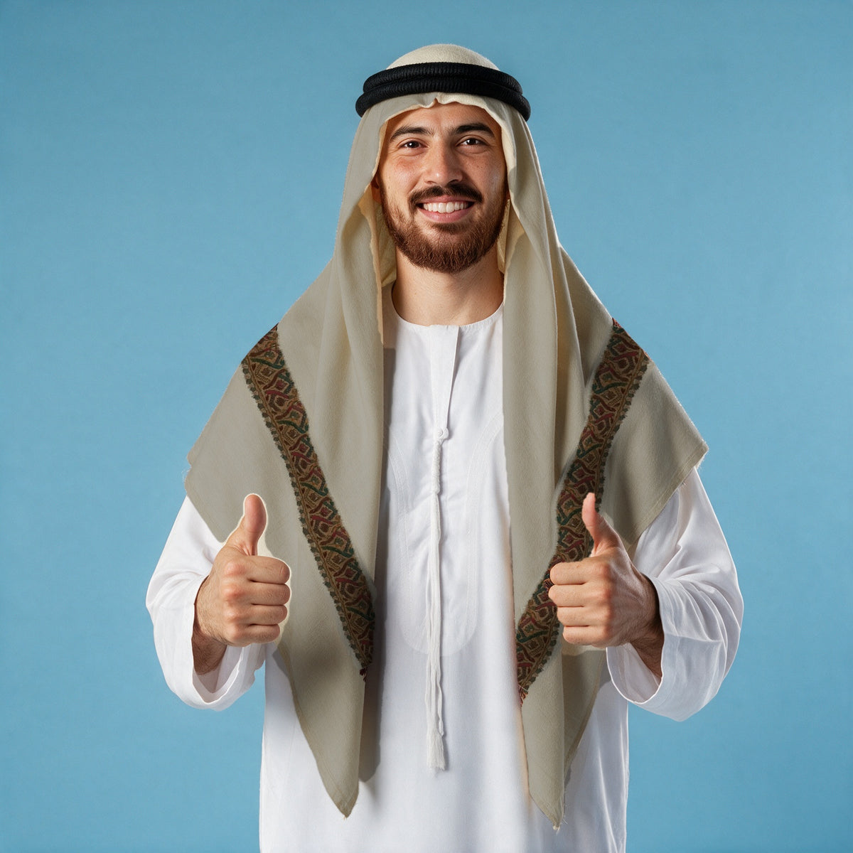 Man wearing the Naqsh Kashmiri pashmina ghutra with a black agal and white thobe, rust, gold, green and maroon sozni border on each front end