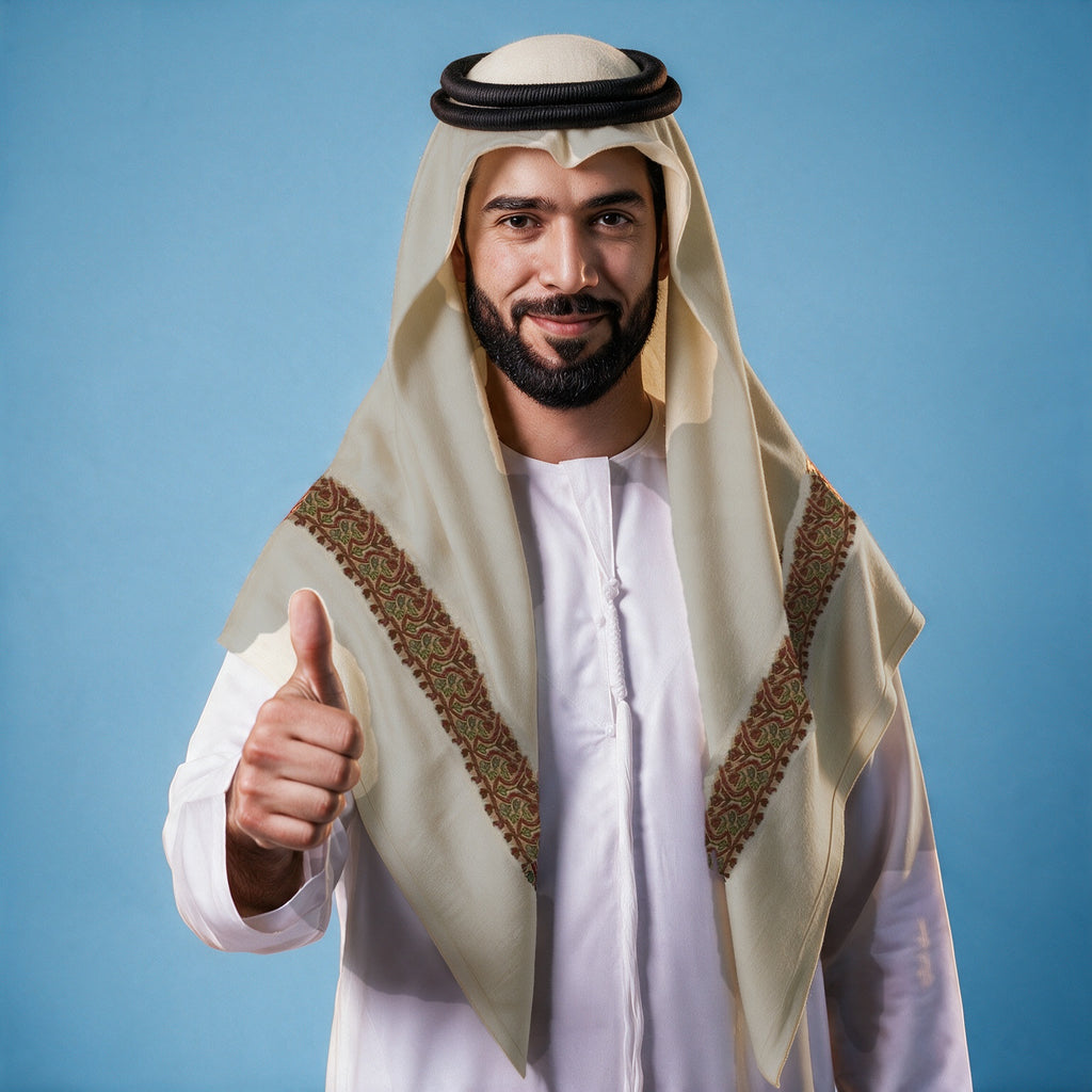 Man wearing the Waraq Kashmiri pashmina ghutra with a black agal and white thobe, olive green and maroon sozni border on each front end