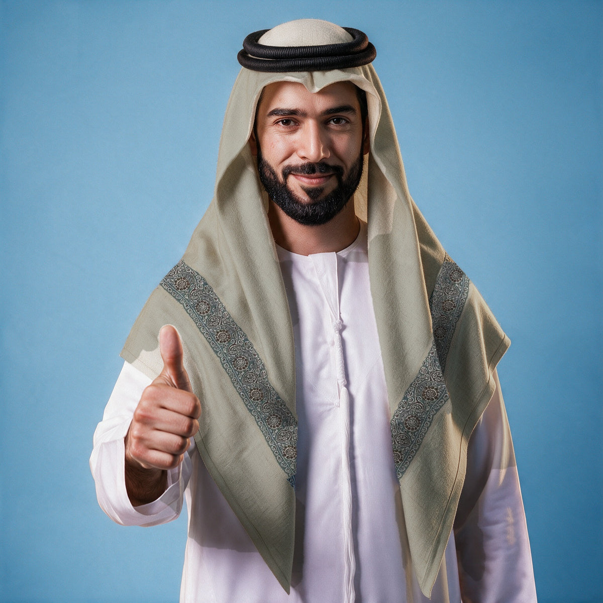 Man wearing the Fulaadh Kashmiri pashmina ghutra with a black agal and white thobe, steel blue and brown sozni border on each front end