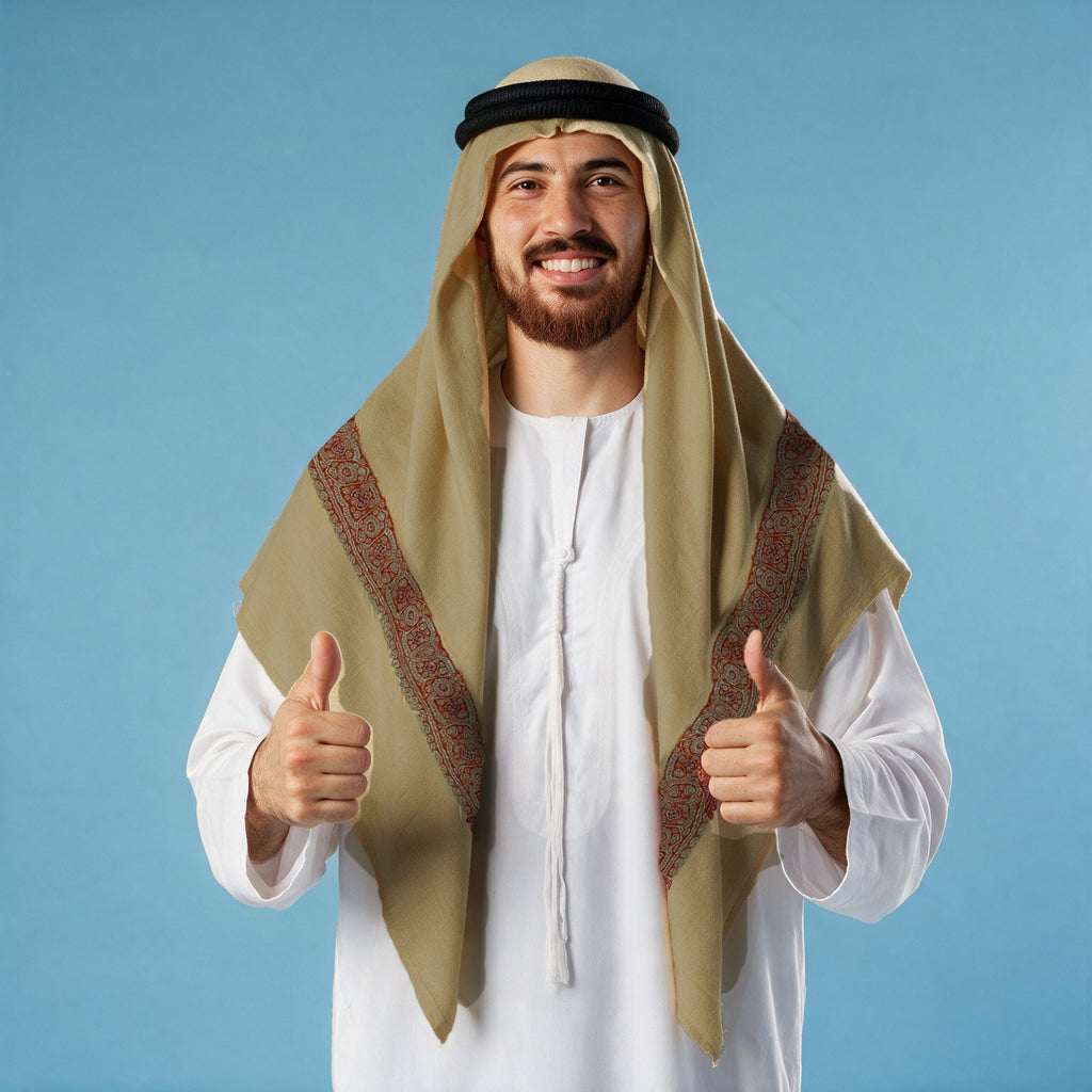 Man wearing the Hasad Kashmiri pashmina ghutra in golden wheat with a black agal and white thobe, red and grey sozni border on each front end