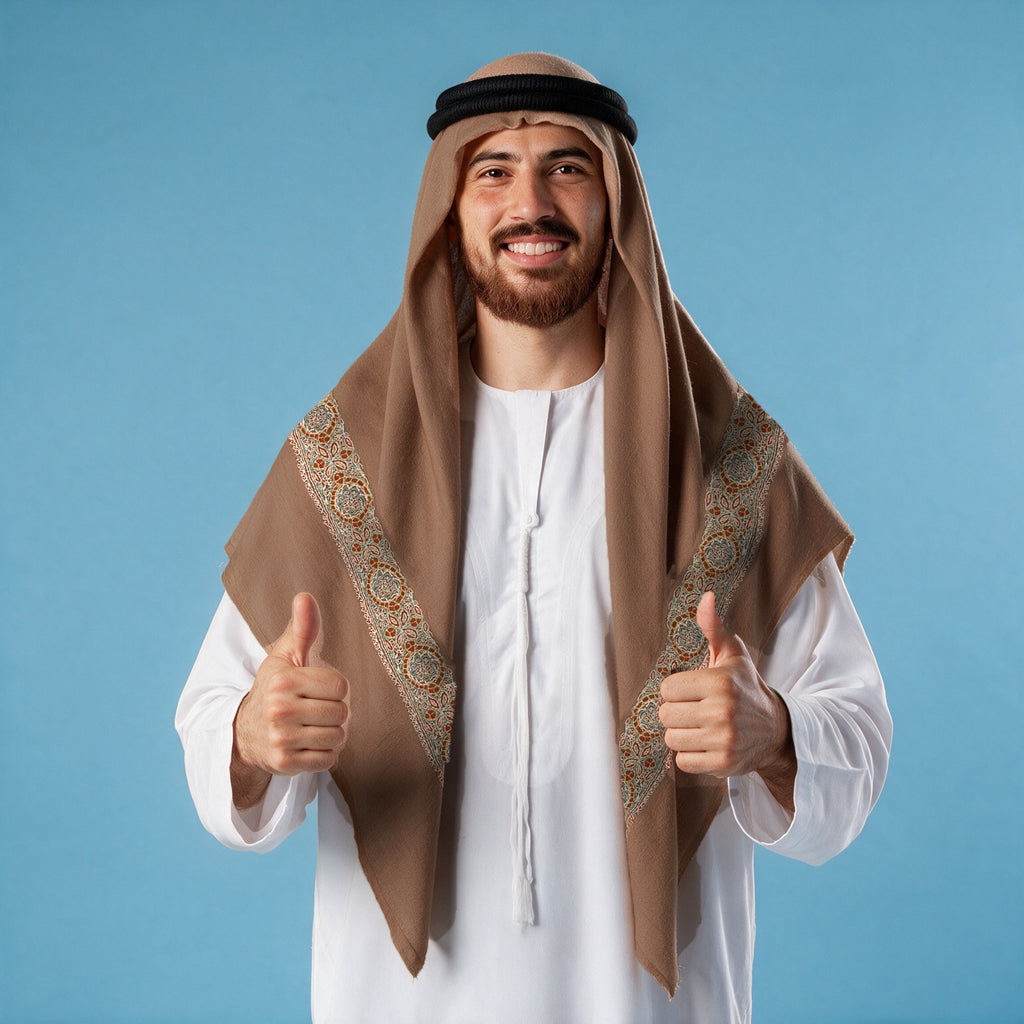 Man wearing the Nawwar Kashmiri pashmina ghutra in dusty rose with a black agal and white thobe, rust orange and teal sozni border on each front end