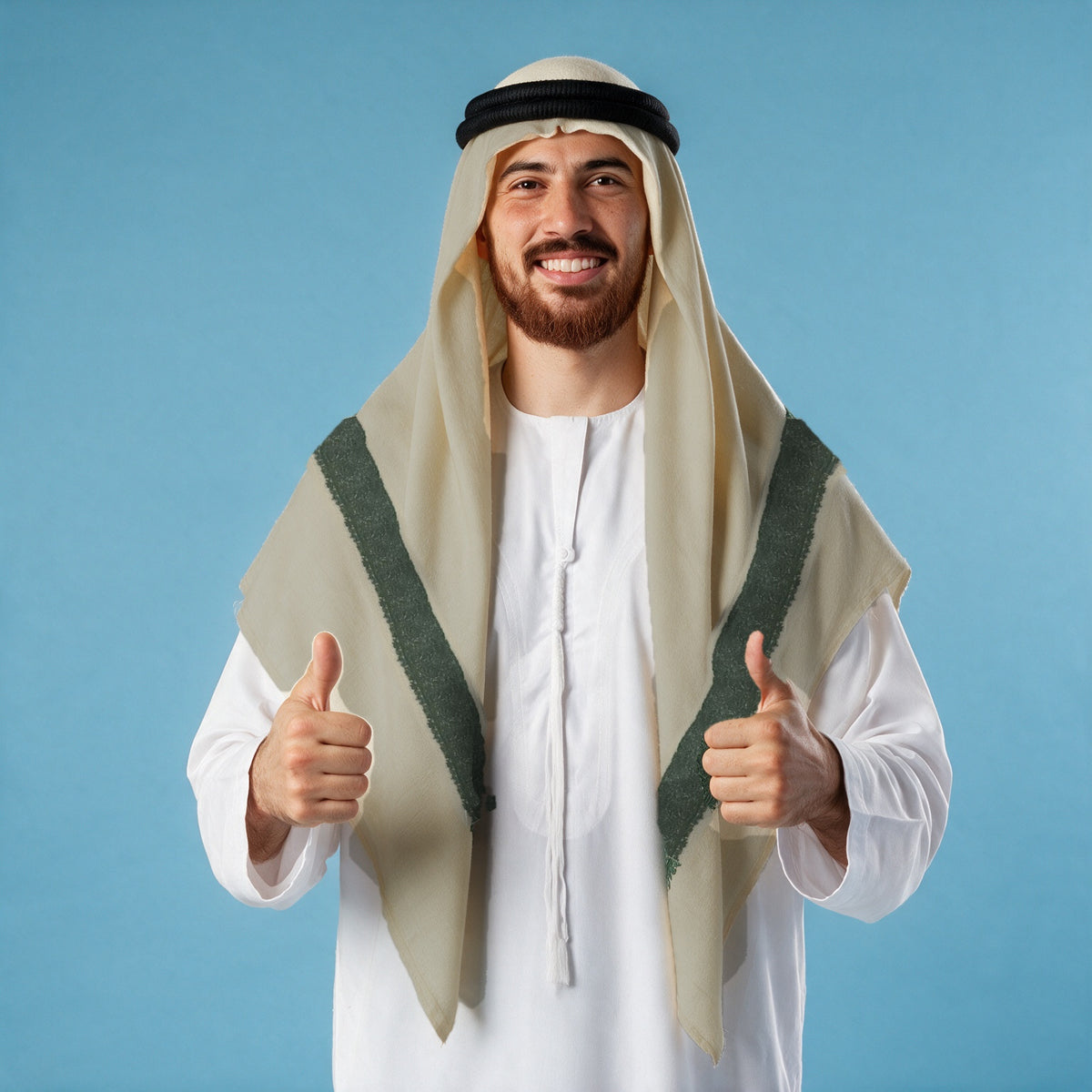 Man wearing the Sanawbar Kashmiri pashmina ghutra with a black agal and white thobe, pine green sozni border on each front end