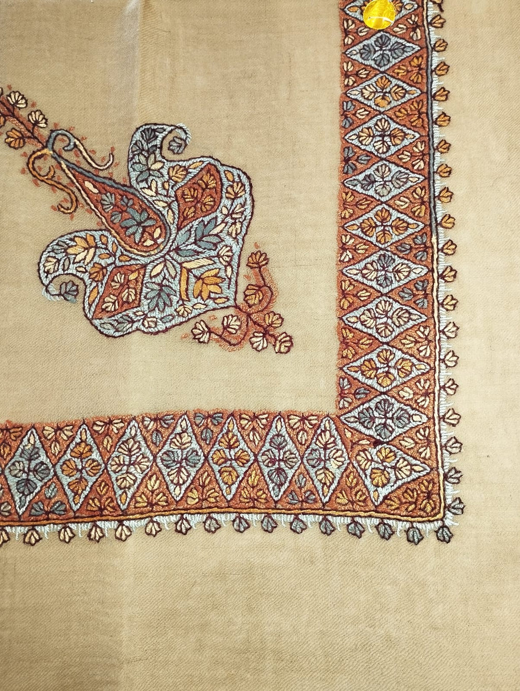 Jaleed Kashmiri pashmina ghutra, sand base with an ice blue and rust corner motif and a lozenge border in rust and ice blue