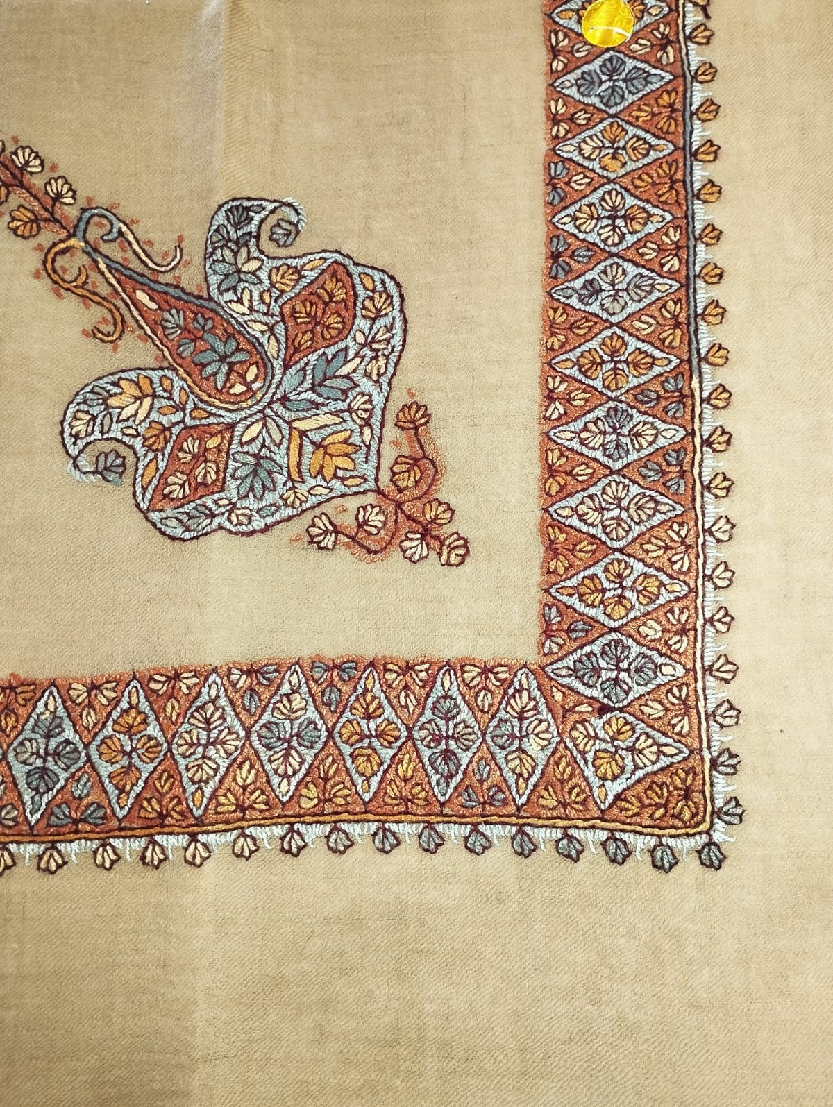 Jaleed Kashmiri pashmina ghutra, sand base with an ice blue and rust corner motif and a lozenge border in rust and ice blue