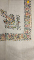 Hadiqa Kashmiri pashmina ghutra, oatmeal base with a moss green, dusty rose and slate grey corner motif and a border of almond medallions