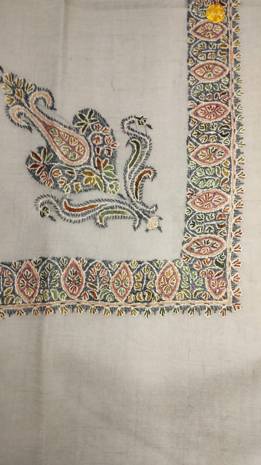 Hadiqa Kashmiri pashmina ghutra, oatmeal base with a moss green, dusty rose and slate grey corner motif and a border of almond medallions