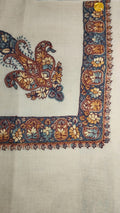 Wasma Kashmiri pashmina ghutra, oatmeal base with an indigo and rust corner motif and an indigo border of amber flowers