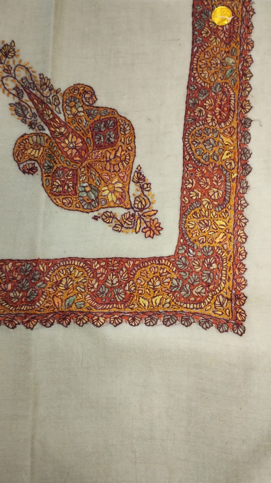 Kharif Kashmiri pashmina ghutra, oatmeal base with a rust and mustard gold corner motif and floral border