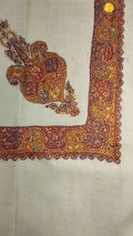 Kharif Kashmiri pashmina ghutra, oatmeal base with a rust and mustard gold corner motif and floral border