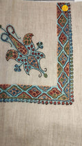 Zellij Kashmiri pashmina ghutra, oatmeal base with a turquoise, red and amber corner motif and lozenge border, outlined in black