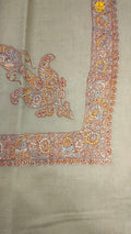 Usfur Kashmiri pashmina ghutra, oatmeal base with a coral, saffron and pale blue corner motif and medallion border