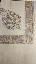 Hubara Kashmiri pashmina ghutra, oatmeal base with a taupe, sky blue and rust corner motif and a taupe panelled border