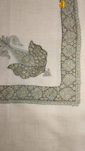 Lablab Kashmiri pashmina ghutra, oatmeal base with a deep olive black and sage corner motif and a sage medallion border