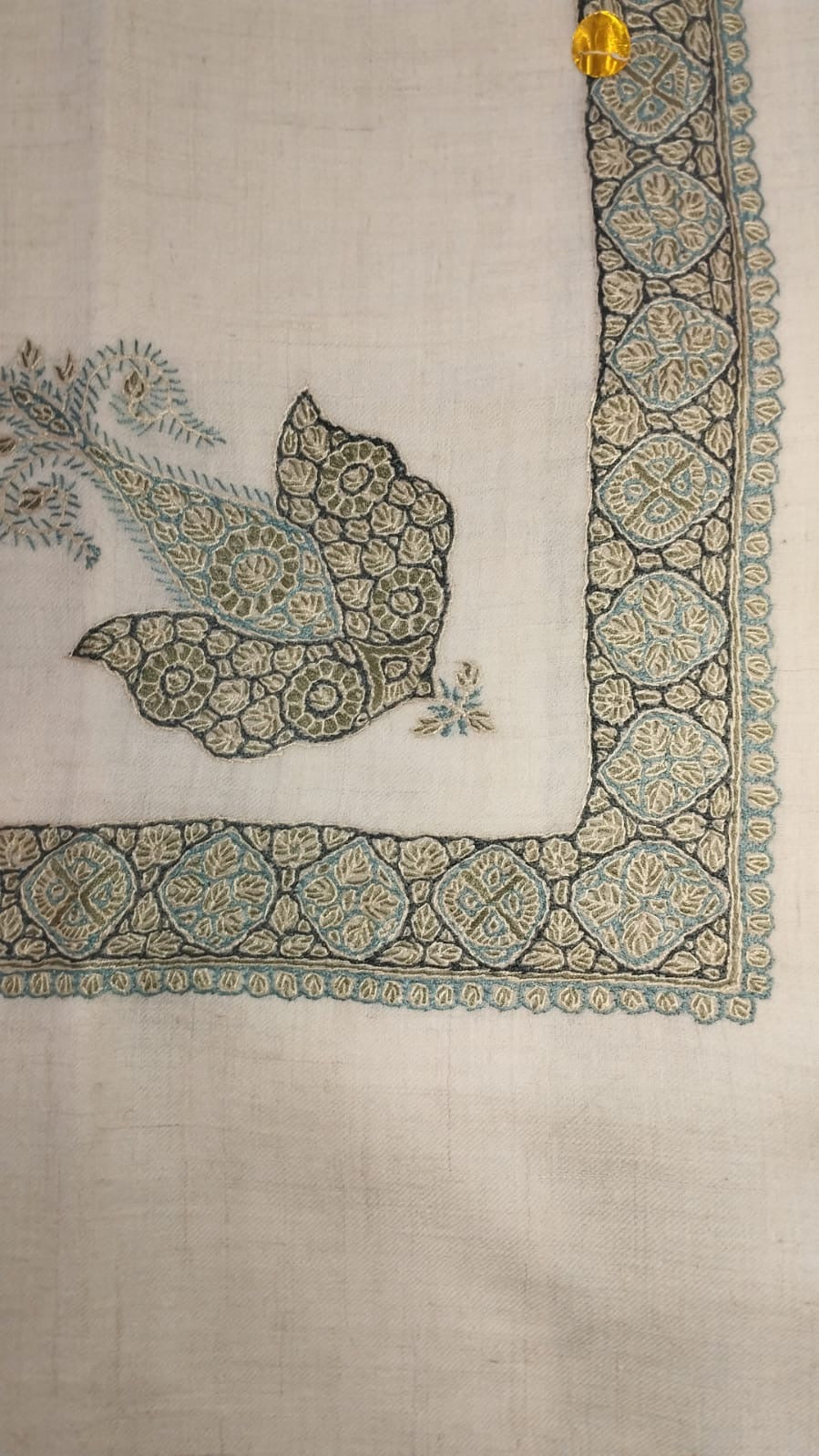 Lablab Kashmiri pashmina ghutra, oatmeal base with a deep olive black and sage corner motif and a sage medallion border