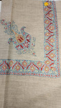 Mawj Kashmiri pashmina ghutra, oatmeal base with a pale blue and crimson corner motif and border, touched with olive gold