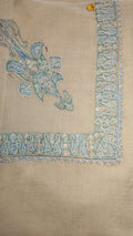 Khalij Kashmiri pashmina ghutra, sand base with a pale aqua and sage corner motif and paisley border