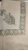 Yamm Kashmiri pashmina ghutra, oatmeal base with a deep teal corner motif and a teal border of mustard and lavender roundels