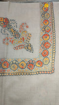 Shurooq Kashmiri pashmina ghutra, oatmeal base with a vermilion and saffron corner motif and rosette border, edged in dark teal