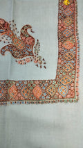 Fuwwa Kashmiri pashmina ghutra, pale silver grey base with a maroon and coral corner motif and lozenge border