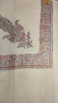 Taifi Kashmiri pashmina ghutra, oatmeal base with a dusty rose corner motif and lattice border, with sky blue and green leaves