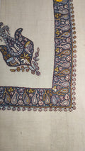 Nujoom Kashmiri pashmina ghutra, cream base with a navy corner motif and a navy border of ivory paisleys and mustard flowers