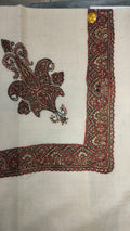 Unnab Kashmiri pashmina ghutra, cream base with a deep maroon corner motif and border, with fine gold accents
