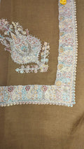Lulu Kashmiri pashmina ghutra, olive brown base with an ivory corner motif and border in pastel aqua, rose and gold