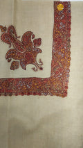 Mishal Kashmiri pashmina ghutra, oatmeal base with a rust red corner motif and a rust and saffron border