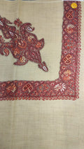 Karkadeh Kashmiri pashmina ghutra, oatmeal base with a crimson corner motif and border, with coral and white flowers