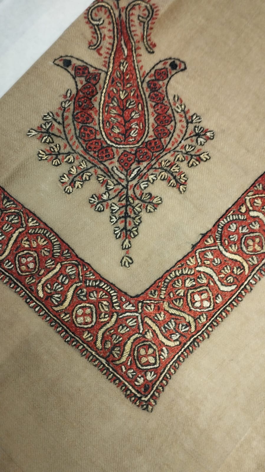 Sadu Kashmiri pashmina ghutra corner seen on the diagonal, the border meeting in a point below the motif
