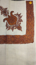 Dallah Kashmiri pashmina ghutra, cream base with a burnt copper corner motif and dense border