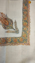 Sundus Kashmiri pashmina ghutra, oatmeal base with a teal and amber corner motif and a teal border of amber rosettes
