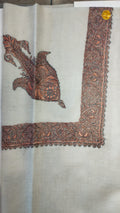 Bakhoor Kashmiri pashmina ghutra, oatmeal base with a copper brown corner motif and border, tone on tone