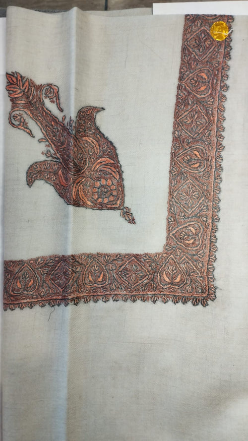 Bakhoor Kashmiri pashmina ghutra, oatmeal base with a copper brown corner motif and border, tone on tone