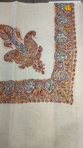 Shamam Kashmiri pashmina ghutra, oatmeal base with a peach and pale blue corner motif and paisley border