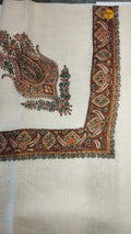 Oud Kashmiri pashmina ghutra, cream base with a peach and teal corner motif and a dark brown paisley border