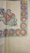 Kawkab Kashmiri pashmina ghutra, oatmeal base with an aqua and coral corner motif and an aqua border of octagonal medallions