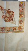 Finjan Kashmiri pashmina ghutra, oatmeal base with a rust copper corner motif and a pale aqua border of copper medallions