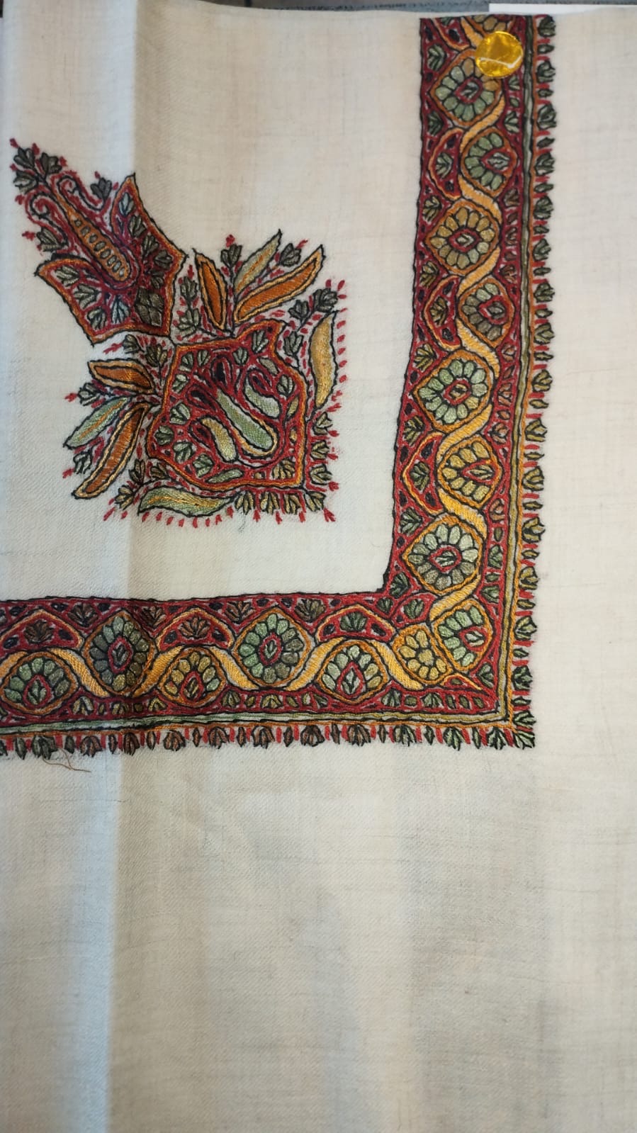 Abqari Kashmiri pashmina ghutra, cream base with a maroon, sage and saffron corner motif and scrolling border
