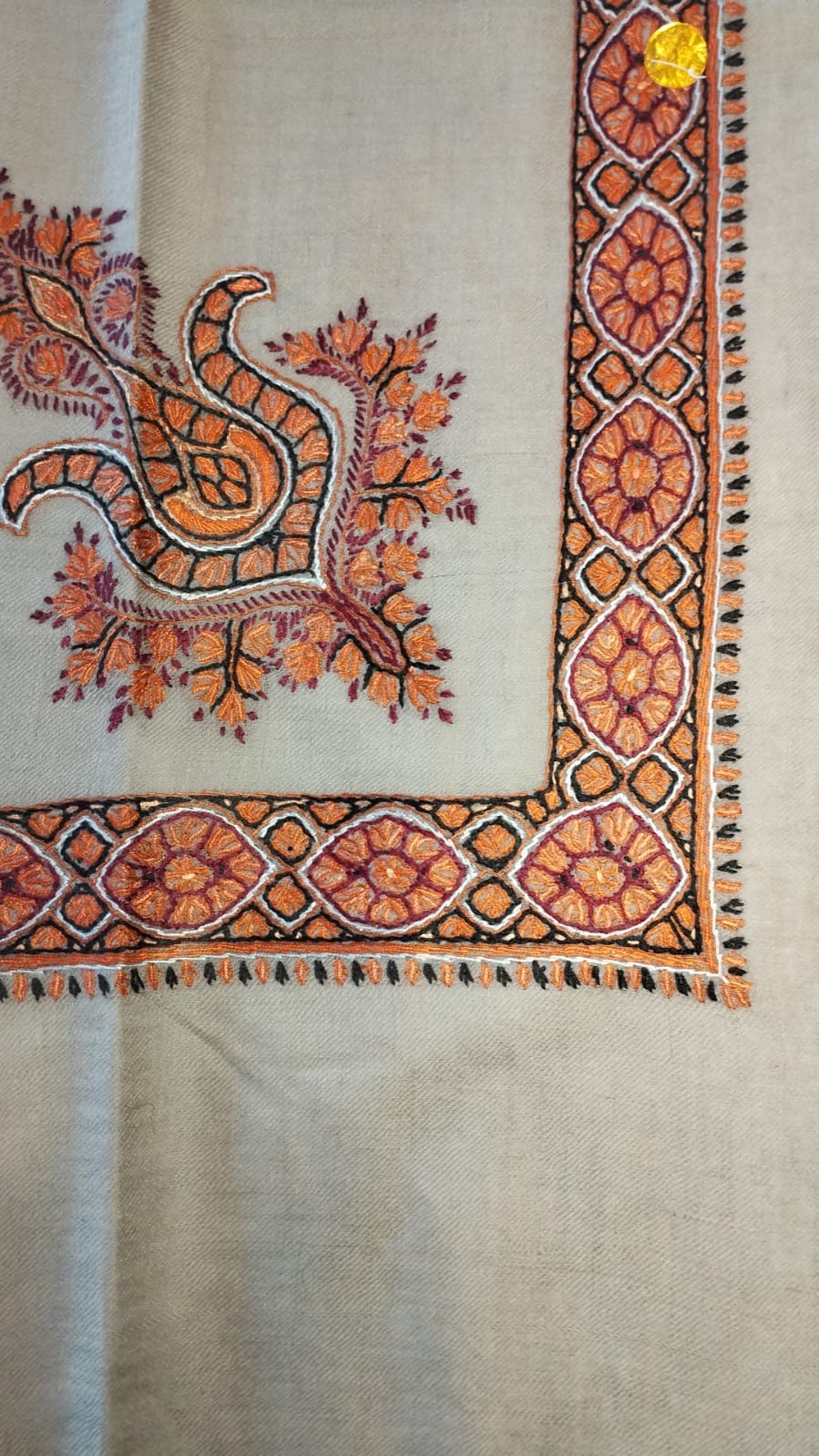 Fanous Kashmiri pashmina ghutra, oatmeal base with a coral orange and black corner motif and medallion border