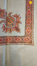Fanous Kashmiri pashmina ghutra, oatmeal base with a coral orange and black corner motif and medallion border