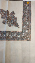 Ablaq Kashmiri pashmina ghutra, cream base with a black and ivory corner motif and border, with touches of sage