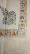 Nasim Kashmiri pashmina ghutra, oatmeal base with a pale blue corner motif and a pale blue border of crimson and mustard scrolls